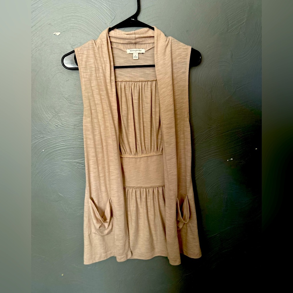 Banana Republic Womens Wrap Small tan Open Pockets Long Tank Sleeveless cardigan